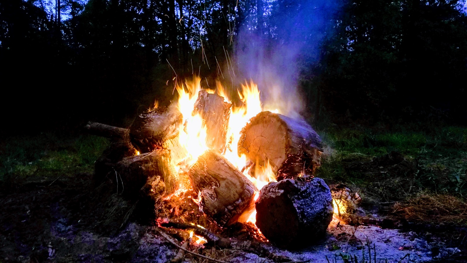 A large fire burning in the woods at night